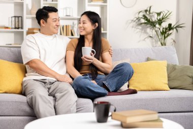 Mutlu Asyalı çift evde birlikte dinleniyor, rahat bir koltukta samimi bir sohbete dalıyorlar, sevgi ve neşe gösteriyorlar, modern oturma odası düzenliyorlar.