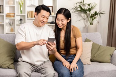 Evdeki mutlu çift bir telefon görüşmesini paylaşıyor ve internette birlikte sörf yapıyor, kanepede rahatça oturuyor..