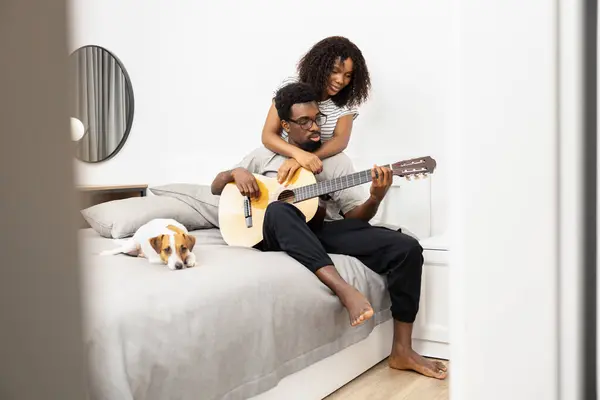 Family Bonding Time Guitar Pet Dog Cozy Home Setting Stock Image