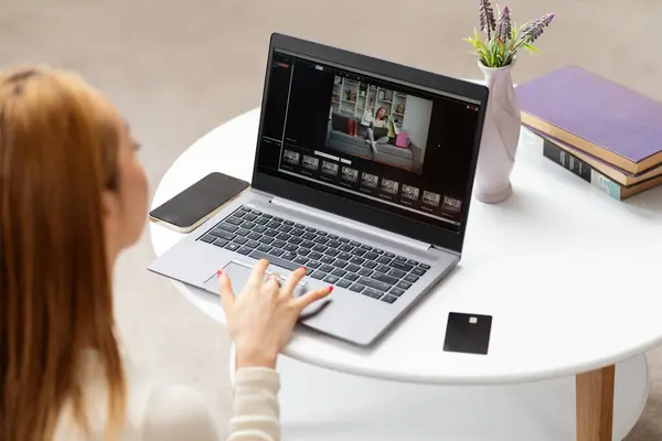 Woman Using Laptop Home Office Professional Freelance Video Editor Working รูปภาพสต็อก