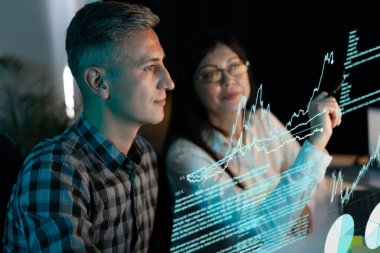 Dijital Ekran Üzerinde Mali Veri Analizi Yapan İşletme Profesyonelleri Piyasa Eğilimleri ve Grafikleri Tartışıyor. Takım çalışması, İşbirliği kavramı.