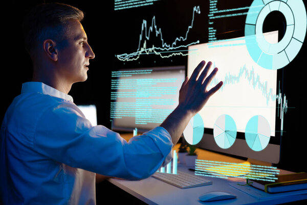 Analyst Interacting Futuristic Data Visualization Computer Screen Concept Technology Business Stock Picture