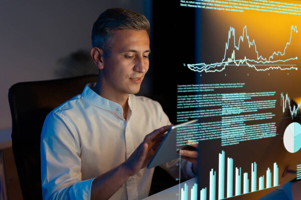 Business Professional Analyzing Data Tablet Interactive Screen Reflecting Modern Technology Royalty Free Stock Photos