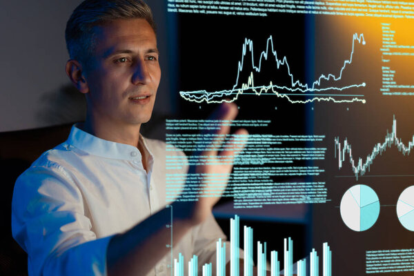 Professional Analyst Examining Data Visualization Futuristic Transparent Screen Working Late Stock Image