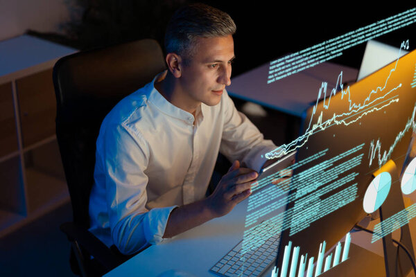 Business Professional Using Data Analytics Software Computer Screen Focused Digital Stock Photo