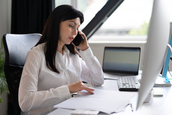 Businesswoman Call Working Desk Modern Office Stock Photo