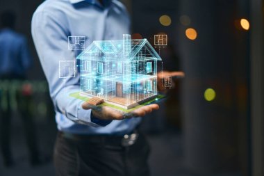 Sanal Bina Şablonu Üstüste binen Geleceğin Dijital Konseptini Tasarlayan Mimar