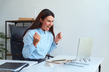 Genç Profesyonel İş Yeri 'nde Başarı Kutlaması, Dizüstü bilgisayarla Masada Otururken Heyecan ve Neşe İfade Etme. İş Başarı, Pozitif Duygu, Kariyer Kilometre Taşı.