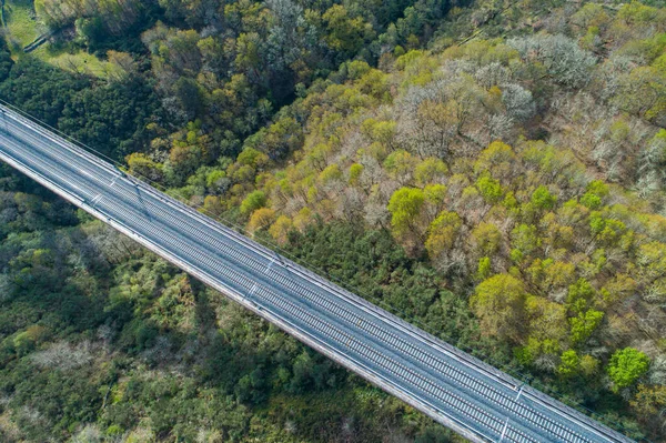 Visão Aérea Drone Uma Ponte Ferroviária Alta Velocidade — Fotografia de Stock