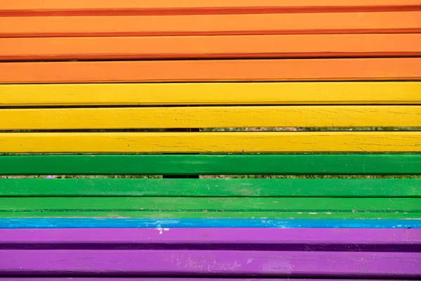 Wooden Street Bench Painted Colours Rainbow Lgbtq Flag Pride Day — Stock Photo, Image