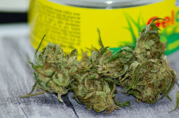 Marihuana Knospe Mit Plastikkanister Boden Cannabis Medizinisch — Stockfoto