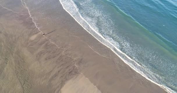 黎明时分海滩的空中无人机录像两名在日出时分沿着海滩散步的人 — 图库视频影像