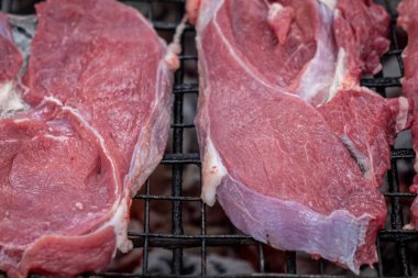 Kömür ızgarasında ızgara için hazırlanmış çiğ et parçaları.