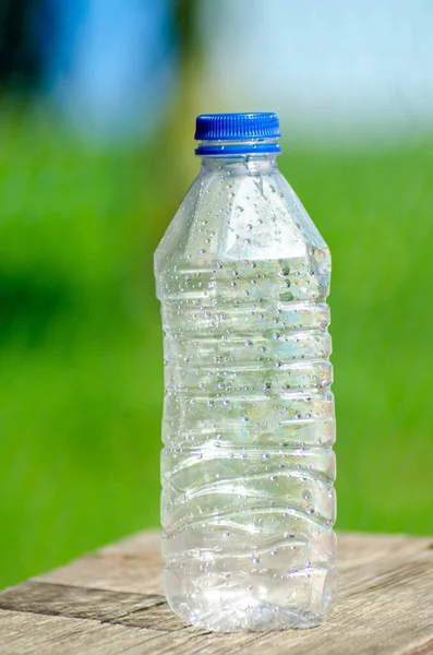 empty plastic water bottle on green background, concept of recycling