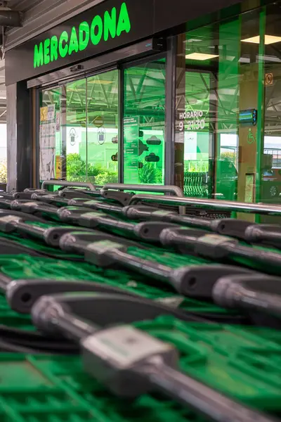 Madrid, İspanya 09: 21 2023: Mercadona mağazasının girişinde süpermarket logosu ve ismi olan plastik alışveriş arabaları, kolay kullanım için birbirlerine istiflenmişler.