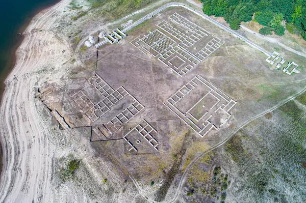 stock image Aerial drone view of Aquis Querquennis Roman Camp. Bande, Ourense. Galicia. Archeological site