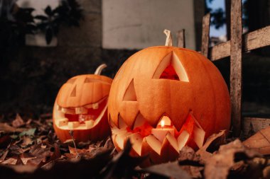 Kurumuş yaprakların arka planında iki Cadılar Bayramı balkabağı, bir çitin yanında.