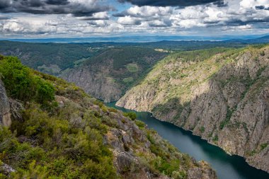 Sil nehrinin kanyonu Parada do Sil 'in bakış açısından görülüyor. Ribeira Sacra. İspanya