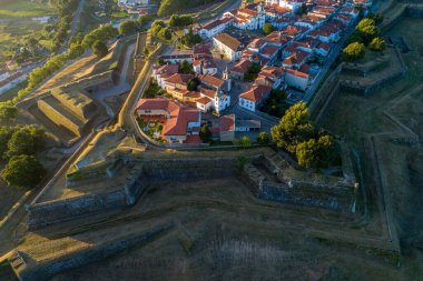 aerial drone view at dawn of the fortified city of Valenca do Minho, Portugal