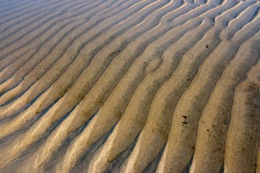 Gün batımında alçak gelgit sırasında kumsalda su ötüyor.