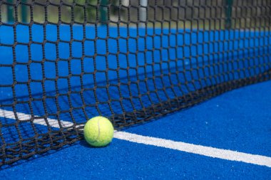 Bir raket tenis topu mavi bir kortta, raket spor konseptiyle oturmaktadır.