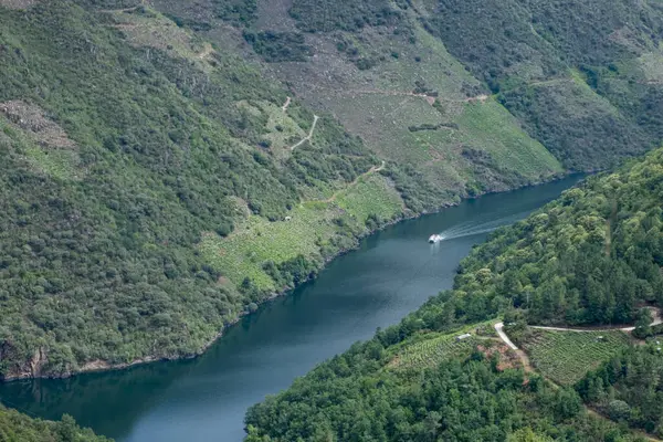 Tekne Sil nehrinin kanyonundan geçiyor. İnsanlığın Dünya Mirası. Ribeira Sacra. Galiçya, İspanya.