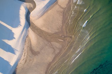 Sabahleyin bir turkuaz su plajının insansız hava görüntüsü. Portekiz