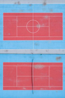 Aerial view of a sports complex, tennis court and soccer field