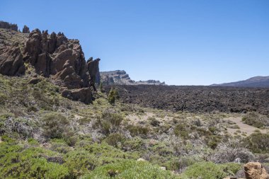 Teide volkanı zirvesinin yanındaki çöl manzarası. Tenerife Adası. Islas Canarias, İspanya.