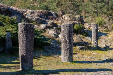 Via XVIII 'teki Granit Roma kilometre taşları, Braga ve Astorga arasındaki Roma yolu. Baixa Limia-Serra do Xures Doğal Park Galiçya, İspanya