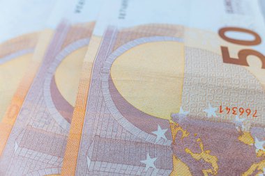 seçici odak, 50 avroluk banknotların ayrıntılı görünümü