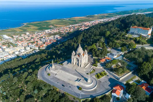 stock image aerial drone view of the basilica of Santa Luzia, catholic temple in Viana do Castelo. Portugal