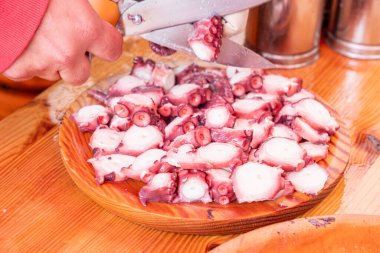 Ahtapot dokunaçlarını kesen birinin elleri ahtapot istihkakı hazırlıyor. Pulpo a feira. Galiçya, Kuzey İspanya