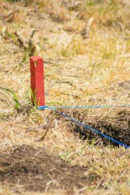 Kırmızı boyalı kazık arkeolojik kazı alanını gösteriyor.
