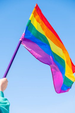 LGBTİ toplumunu desteklemek için elinde gökkuşağı renginde bir bayrak tutan bir kişinin kolu.