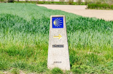Arka planda yeşil bir manzara ile Camino de Santiago 'nun güzergahını gösteren taş mihenk taşı.