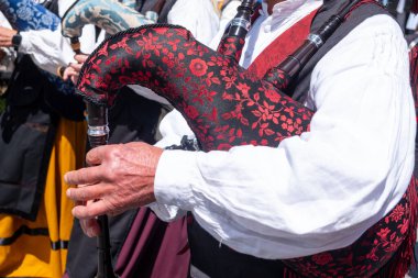 Popüler bir festivalde geleneksel Galiçya gayda çalan üç müzisyen. Galiçya, İspanya