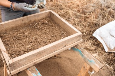 Arkeolojik bir kazıda elek ile çalışan bir arkeolog.