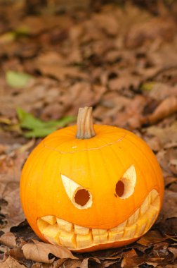 Düşen yaprakların üzerinde komik bir Cadılar Bayramı balkabağı. Geleneksel Cadılar Bayramı kabağı. Cadılar Bayramı sembolleri ve gelenekleri.
