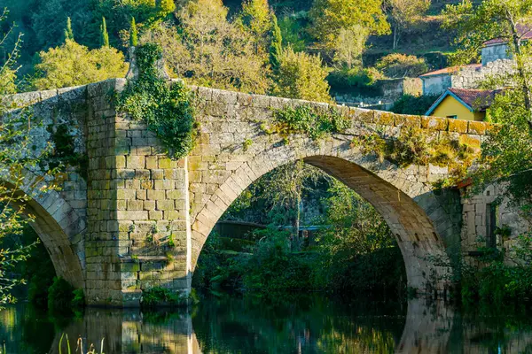 Ortaçağ Köprüsü ve Allariz 'deki Arnoia Nehri, Galiçya, Ourense' deki ortaçağ köyü. İspanya