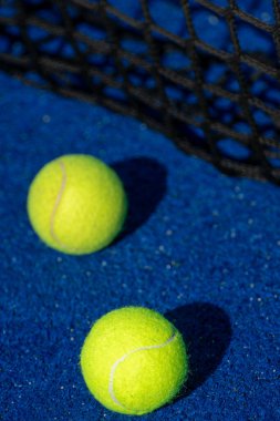 Mavi bir raket tenis kortunda raket tenis topları bekliyor.