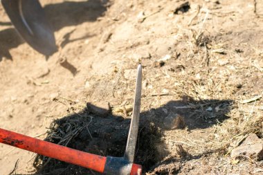 Arkeolojik bir kazıda kazma ve küreğin kısmi görüntüsü