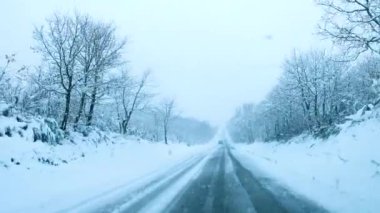 Bir kar fırtınası görüntüsü yol kenarında duran bir arabanın içinden görülüyor.