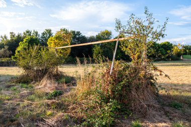Eski ve paslı futbol golü terk edilmiş bir futbol sahasında çalılarla kaplı, kırsal nüfus azalması kavramı.