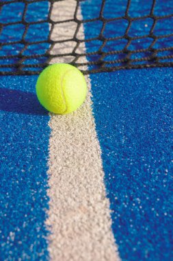 Mavi raket tenis kortunda, ağın yanında bir top.