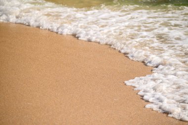 Kumlu sahil şeridi sakin okyanus dalgaları doğal arka plan, yaz konsepti