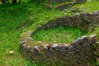 Dairesel bir Demir Çağı evinin kalıntıları. Castro de Castromao, Galiçya 'dan Hillfort. İspanya