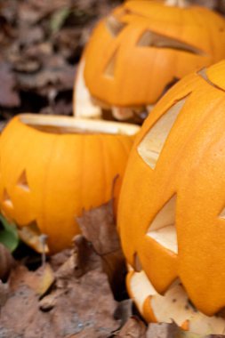 Oyun ya da şeker gecesi için oyulmuş balkabaklarının turuncu parıltısı eğlenceli mahalle konsepti