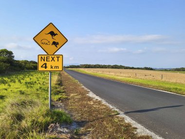 Wilsons Promontory 'deki Avustralya hayvan uyarısı levhası. 4 km boyunca kangurular, koalalar ve wombatlar..