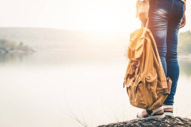 Female tourists in beautiful nature in tranquil scene.
